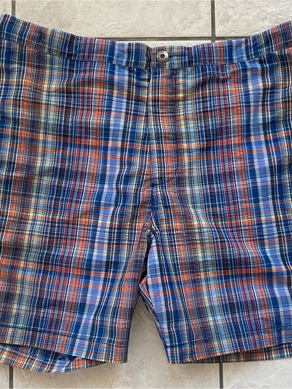 Tommy Bahama Mens XL Swim Trunks Plaid Blue Orange Mesh Lined Beach Shorts
